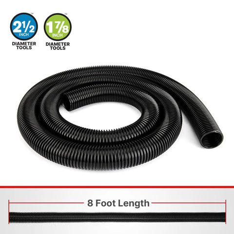 Eight Foot Universal Vacuum Hose For Wet Dry Vacuums With Two And A Half Inch Inlet Compatible With Rigid Dewalt Husky Craftsman Bauer Masterforce Vacuums Includes Dual Function Adapter For Extra Length coiled hose