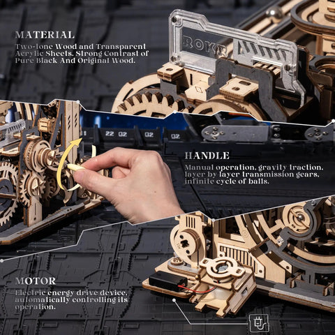 Detail view of Dope 3D Puzzle Marble Run Kit For Adults Electric Spaceport LGC01 in wood with manual operation components.