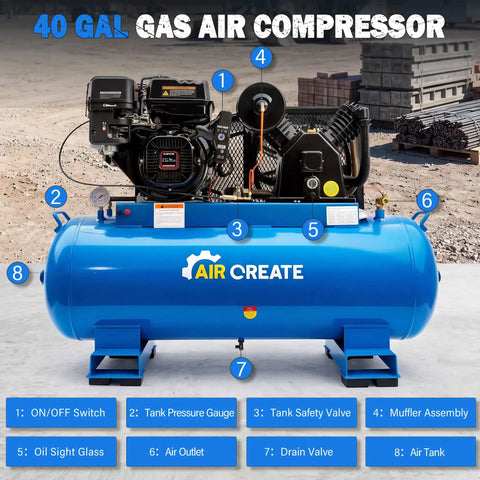 Heavy Duty 9HP Gas Air Compressor With 40 Gallon ASME Tank. High Performance 21 CFM Flow At 175 PSI For Jobsite Demands. Features Electric Start, 302CC Engine, Two Cylinder Pump Head, Dual Tank Design, And Powerful Output Port For Heavy Tools