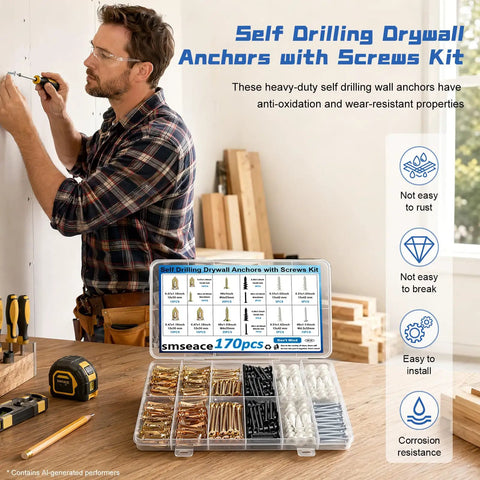 Man installing using Do It All 170Pcs Drywall Anchors And Screws Kit With Plastic Expansion And Metal Self Drilling Anchors For Picture Hanging