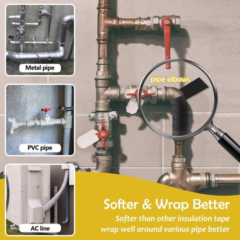 Self Adhesive Pipe Insulation Tape For Outdoor Water Lines 2 Inch By 16.5 Ft Foam Wrap shown on various pipes.