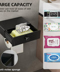 Black Toilet Paper Holder With Shelf And Drawer Storage, Wall Mount Wipes Dispenser, Adhesive Bathroom Organizer with wipes drawer open