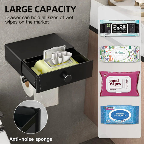 Black Toilet Paper Holder With Shelf And Drawer Storage, Wall Mount Wipes Dispenser, Adhesive Bathroom Organizer with wipes drawer open