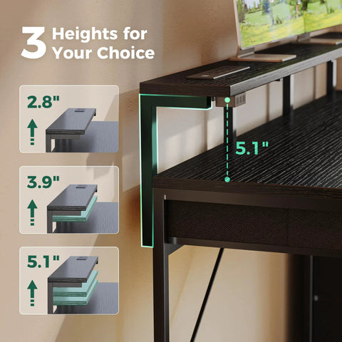 Gaming Desk With RGB LED Lighting And USB Type-C, 47 Inch Computer Desk With 6 Drawers detailed height options