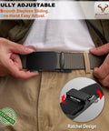 Man adjusting 2 In 1 Reversible Ratchet Belt For Men With Stretch Black And Beige Adjustable 34 To 38 Inch Waist, showing ratchet design.