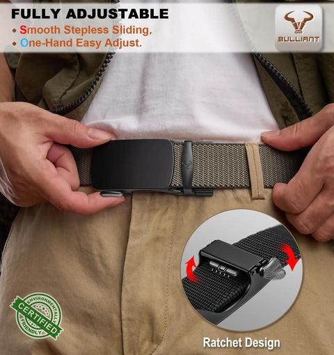 Man adjusting 2 In 1 Reversible Ratchet Belt For Men With Stretch Black And Beige Adjustable 34 To 38 Inch Waist, showing ratchet design.