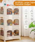 Super Roomy Foldable Storage Bins With Smooth Rolling Wheels And Snug Lid Covers Hella Big Stackable Plastic Closet Organizers For Bedroom Dorm Room Clutter Removals in a cream color with toys and clothes inside.