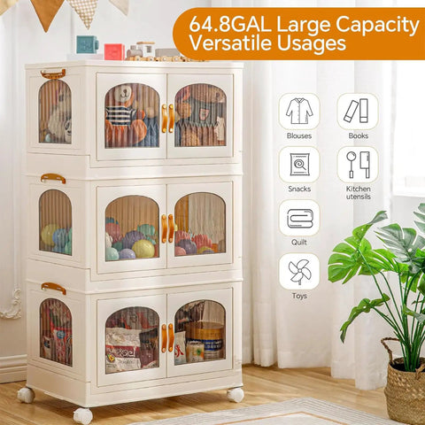 Super Roomy Foldable Storage Bins With Smooth Rolling Wheels And Snug Lid Covers Hella Big Stackable Plastic Closet Organizers For Bedroom Dorm Room Clutter Removals in a cream color with toys and clothes inside.