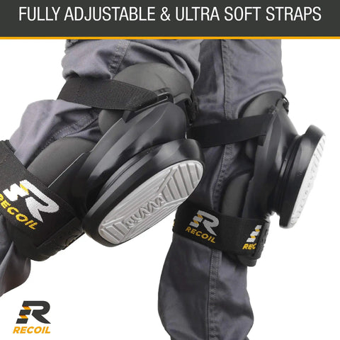 Spring Loaded Heavy Duty Knee Pads For Work Construction And Carpentry Pain Free All Day Protection With 6 Spring Suspension System Perfect For Tiling Flooring Roofing And More, black with grey face, worn with adjustable straps
