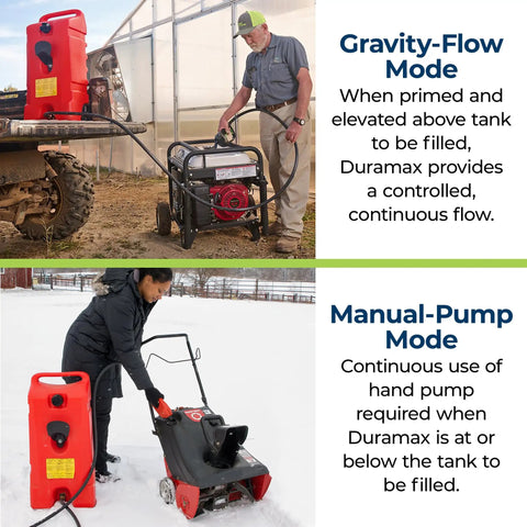 Duramax Flo N Go 14 Gallon Gas Caddy On Wheels With 10 Foot Hose And Portable Fuel Tank Transfer Pump For Lawn Mowers Farm Marine And Home Use Gasoline Only Red 2024 Version in use in snowy and farm environments.
