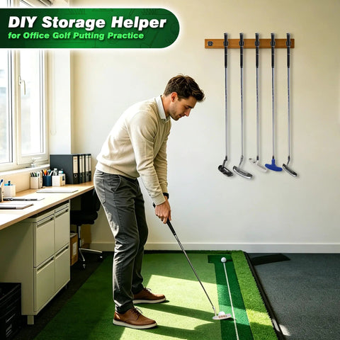 Office setting with Go To Golf Club Wall Mount Kit 28 Pack DIY Storage Rack Organizer holding golf clubs on the wall.