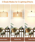 Straight Up Chic 13 Inch Gold Plug In Pendant Light With Super Smooth Rotary Dimmer Switch And Major Vibe Boho Rattan Fabric Hanging Lamp For Kitchen Dining Or Bedroom Spaces That Really Slap in three shade modes.