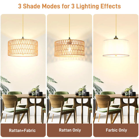 Straight Up Chic 13 Inch Gold Plug In Pendant Light With Super Smooth Rotary Dimmer Switch And Major Vibe Boho Rattan Fabric Hanging Lamp For Kitchen Dining Or Bedroom Spaces That Really Slap in three shade modes.