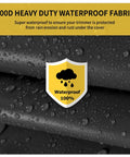 Close-up of waterproof 500D fabric for Tough All Weather Trimmer Engine Cover Set For Weed Eater Edger Pole Saw Brush Cutter And Hedge Trimmers Three Piece Waterproof Black Kit Keeps Outdoor Power Tools Protected.