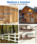 Image showing various uses of medium L brackets for furniture, house construction, fences, and shelves.
