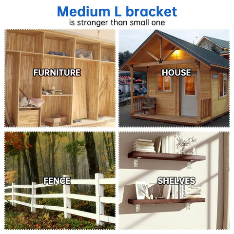 Image showing various uses of medium L brackets for furniture, house construction, fences, and shelves.