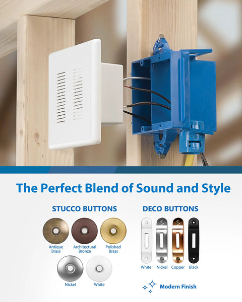 Installation of PrimeChime Plus 2 Electric Doorbell Kit with various button designs in stucco and deco styles.