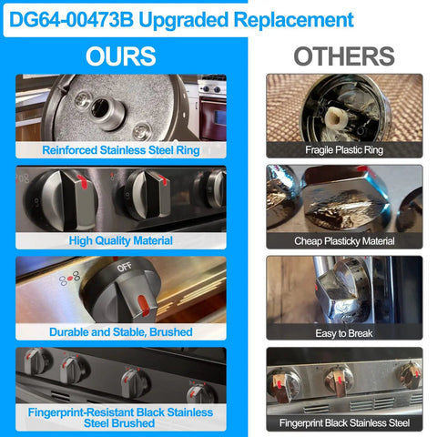 Comparison of Upgraded Black Stainless Stove Knob Set features with standard knobs, showing durability and material differences.