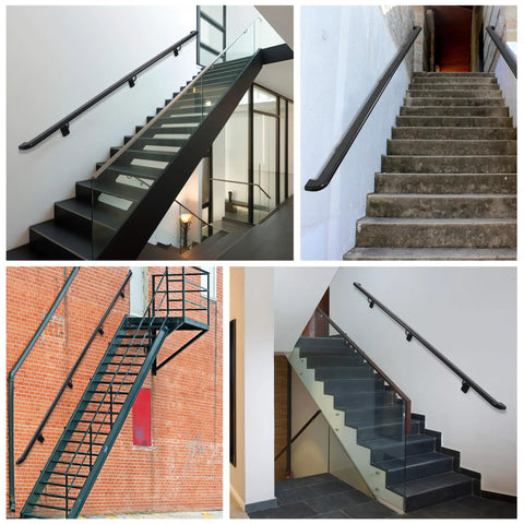 Heavy Duty Black Pipe Stair Handrail For Indoor And Outdoor Steps Aluminum Metal Railing at various stair setups.
