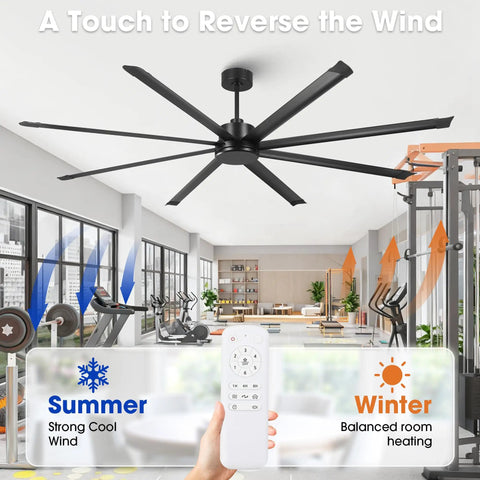 Monster 100 Inch Ceiling Fan No Light With Remote Control, Industrial Black High Airflow, shown in a gym setting with remote