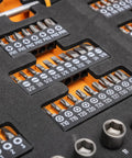 Close-up of 105 Piece Workhorse One Quarter Inch Drive Slim Head Mechanics Tool Set In Foam Storage Tray with labeled sockets and bits
