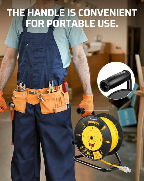 Worker holding 80 Foot Heavy Duty Retractable Extension Cord Reel For Indoor Outdoor Use With Four Grounded Outlets 14/3 AWG SJTW Cord 13 Amp Circuit Breaker Metal Stand ETL Listed