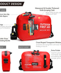 Front view: Red waterproof outdoor first aid kit bag with cross-shaped transparent window and twin zippers.
Side view: Red waterproof outdoor first aid kit bag with shoulder strap and D-rings.
Back view: Red waterproof outdoor first aid kit bag with pocket layout and strap attachments.