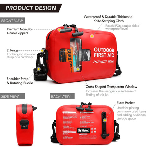 Front view: Red waterproof outdoor first aid kit bag with cross-shaped transparent window and twin zippers.
Side view: Red waterproof outdoor first aid kit bag with shoulder strap and D-rings.
Back view: Red waterproof outdoor first aid kit bag with pocket layout and strap attachments.