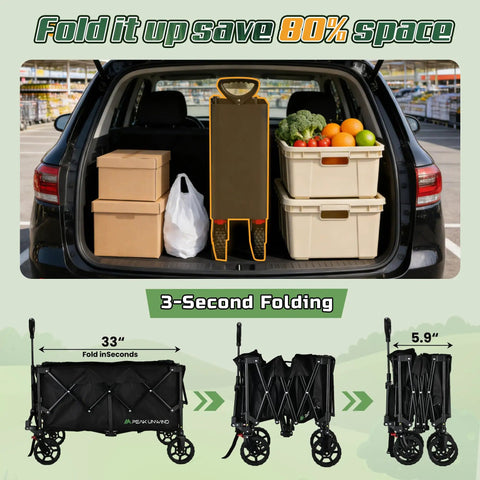 Heavy Duty Foldable Wagon Cart With Wheels 450 Lb Capacity Lightweight Portable Utility Wagon With Two Cup Holders For Camping Beach Garden Sports And Grocery shown folded in car trunk