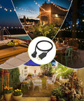 Built Tough 16 Foot Black Extension Cord With Two Prong Plug And 20 AWG Waterproof Cable Designed For Outdoor String Lights in a patio setting.
