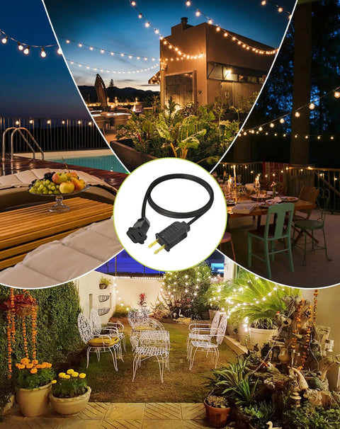 Built Tough 16 Foot Black Extension Cord With Two Prong Plug And 20 AWG Waterproof Cable Designed For Outdoor String Lights in a patio setting.