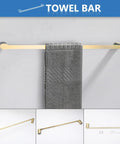 4 Piece Brushed Gold Stainless Steel Bathroom Hardware Set towel bar mounted on wall with gray towel, modern design for humid bathrooms.