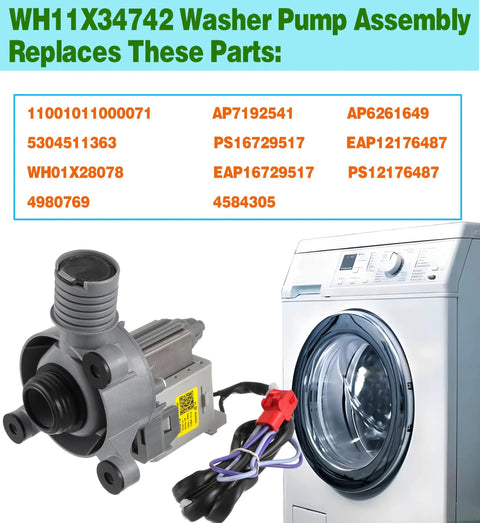 Upgraded Washer Drain Pump Assembly WH11X34742 For Frigidaire FFTW4120SW Washing Machine with wiring and drain hose