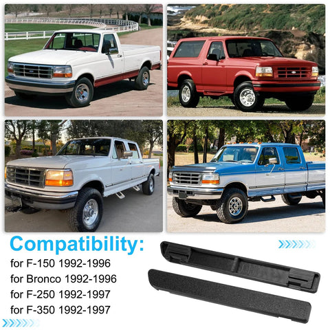 Close-up of two black dash panel bezel inserts for Ford F-150/F-250/F-350 Bronco (1992–1997), left and right