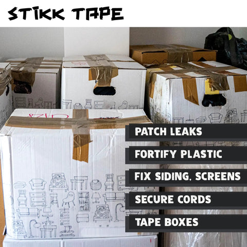 Boxes sealed with Heavy Duty Black Duct Tape 3 Inch By 60 Yards Waterproof Repair Tape For Home And Jobsite Ideal For Household Projects HVAC And Construction Industrial Strength Weatherproof Sealing And Quick Fixes, showcasing uses like patching leaks and securing cords.