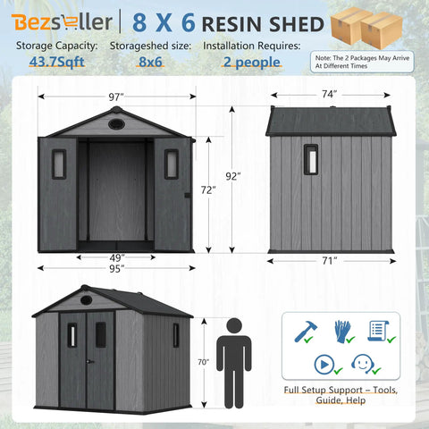Diagram of 8x6 Ft Resin Storage Shed with floor for backyard, grey, showing dimensions, installation info, UV resistant