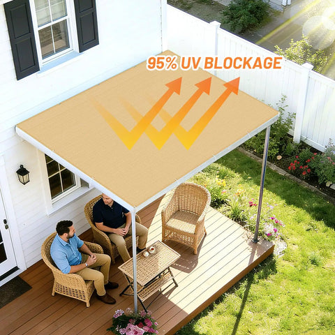 8x12 Ft Sun Shade Cloth With Grommets For Pergola Patio Outdoor installed over patio with wicker chairs, providing 95 Percent UV Protection
