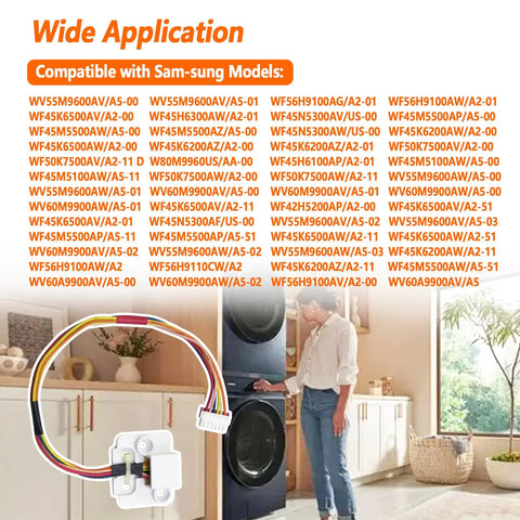 Washer Vibration Sensor Replacement For Front Load Washers DIY Friendly Install Fits A Wide Range Of Models Including WV55M9600AW/A5-00, WV55M9600AW/A5-01, WV60M9900AV/A5-00, WF45K6500AV/A2-11, WF42H5200AP/A2-00 And More. front-load washer sensor with multicolor wire harness