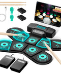 9 Pad Electronic Drum Set With Dual Speakers Portable MIDI Practice Kit For Beginners showing pads, pedals, sticks, and display.