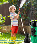 Garden Hose Quick Connect Kit With Three Quarter Inch GHT Female Connectors And Valve Quick Release in use by a child watering garden