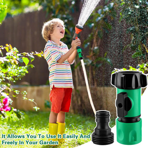 Garden Hose Quick Connect Kit With Three Quarter Inch GHT Female Connectors And Valve Quick Release in use by a child watering garden
