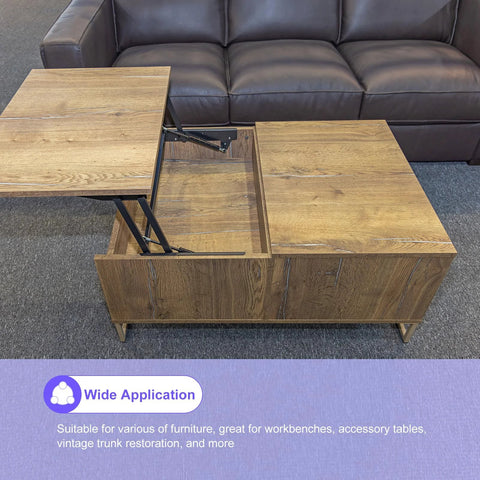 uxcell two-piece lift-up coffee table mechanism, 9.4in, installed in a wood veneer coffee table with black metal hinges