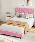 Chic Pink Twin Bed Frame With Plush Upholstered Headboard And Heavy Duty Platform Base Featuring Tough Wooden Slats For Zero Creak Nights Set Up In A Flash No Box Spring Needed For A Cozy Room Glow Up in stylish bedroom setting.