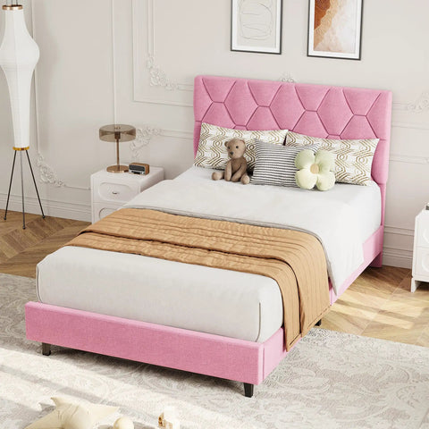 Chic Pink Twin Bed Frame With Plush Upholstered Headboard And Heavy Duty Platform Base Featuring Tough Wooden Slats For Zero Creak Nights Set Up In A Flash No Box Spring Needed For A Cozy Room Glow Up in stylish bedroom setting.