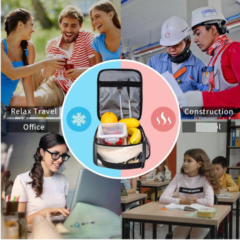 Insulated Lunch Bag With Detachable Handle For Women And Men, Leakproof Cooler Tote shown in various work and travel scenarios
