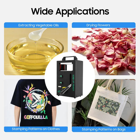Workhorse 4 Ton Hydraulic Heat Press With 300W Power Manual High Pressure Jack Press Dual 4.5 By 4.7 Inch Heated Plates And LED Display Heavy Duty Hot Stamping Machine For Printing Heat Transfers shown for oils, flowers, shirts and bags