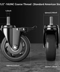 Four Inch Stem Caster Wheels Set Of Four Heavy Duty With Half Inch 13 UNC X 1 Threaded Stem Dual Lock Brakes Industrial Castors For Cart And Furniture 2000 Lbs Capacity Per Caster Ideal For Mobile Carts And Industrial Equipment Use shown with dimensions