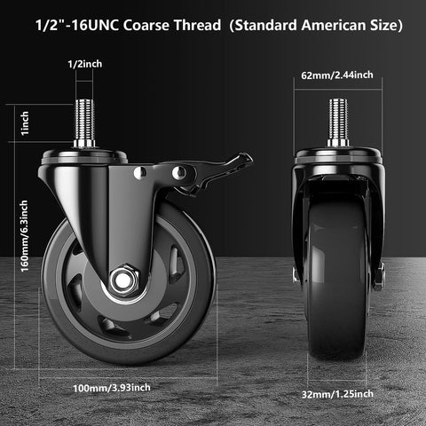 Four Inch Stem Caster Wheels Set Of Four Heavy Duty With Half Inch 13 UNC X 1 Threaded Stem Dual Lock Brakes Industrial Castors For Cart And Furniture 2000 Lbs Capacity Per Caster Ideal For Mobile Carts And Industrial Equipment Use shown with dimensions