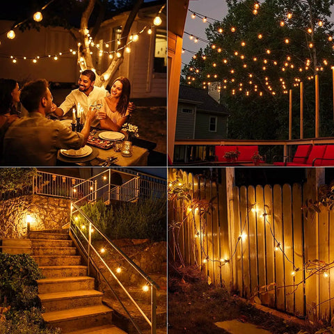 Connectable Outdoor String Lights With G40 Globe Plastic LEDs illuminating backyard, deck, stairs, and fence area at night