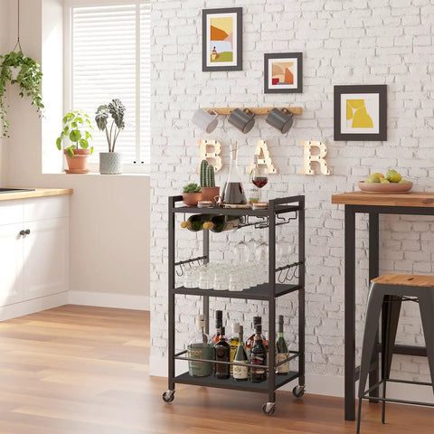 Mobile Bar Cart On Wheels For Home Use, Rolling Beverage Cart With Wine Rack And Glass Holder, Microwave Stand And Kitchen Island, Perfect For Living Room Or Kitchen, Black Finish in kitchen setting.